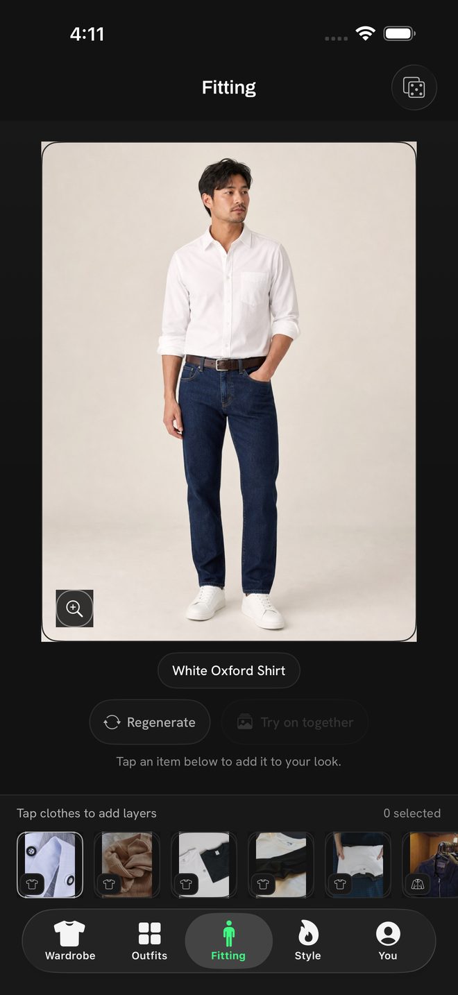 Closr Fitting Room rendered in the app's system-aware dark appearance