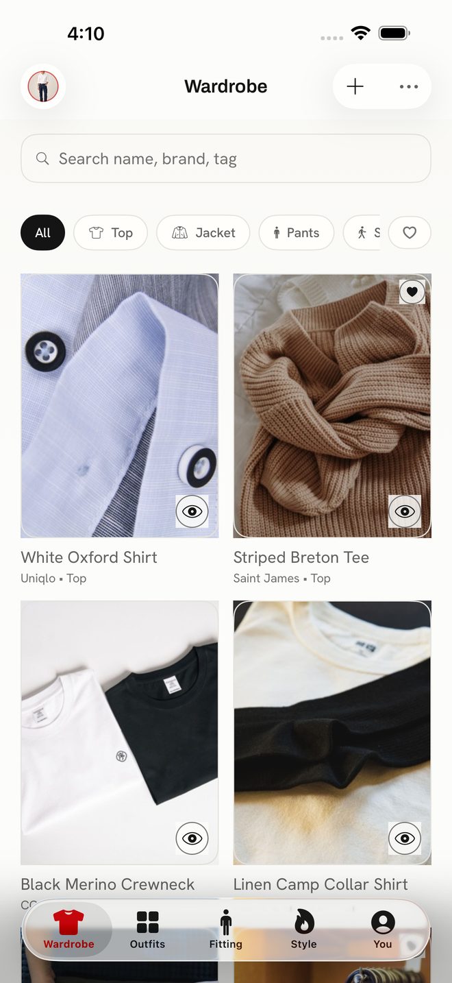 Closr Wardrobe screen showing a searchable grid of clothing photos and category filters